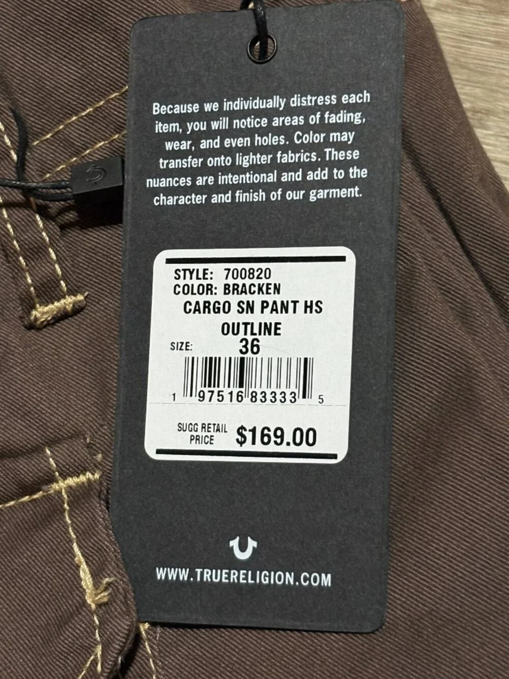 NWT True Religion Cargo Pants Men's 36x32 Brown